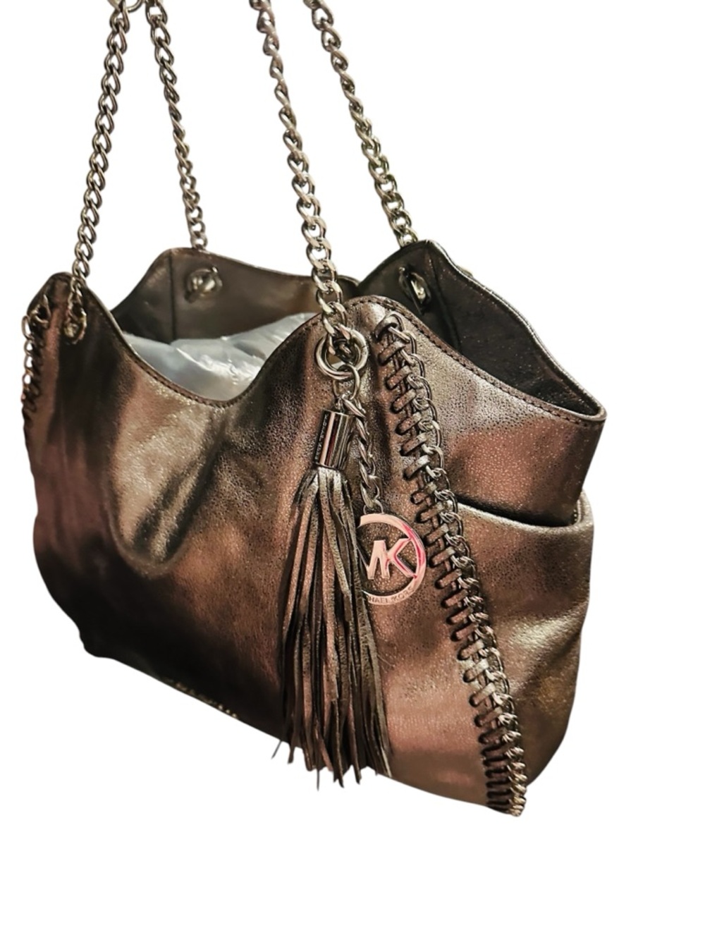 Michael Kors Metallic Silver Leather Shoulder Tote with Tassel - Picture 14 of 17